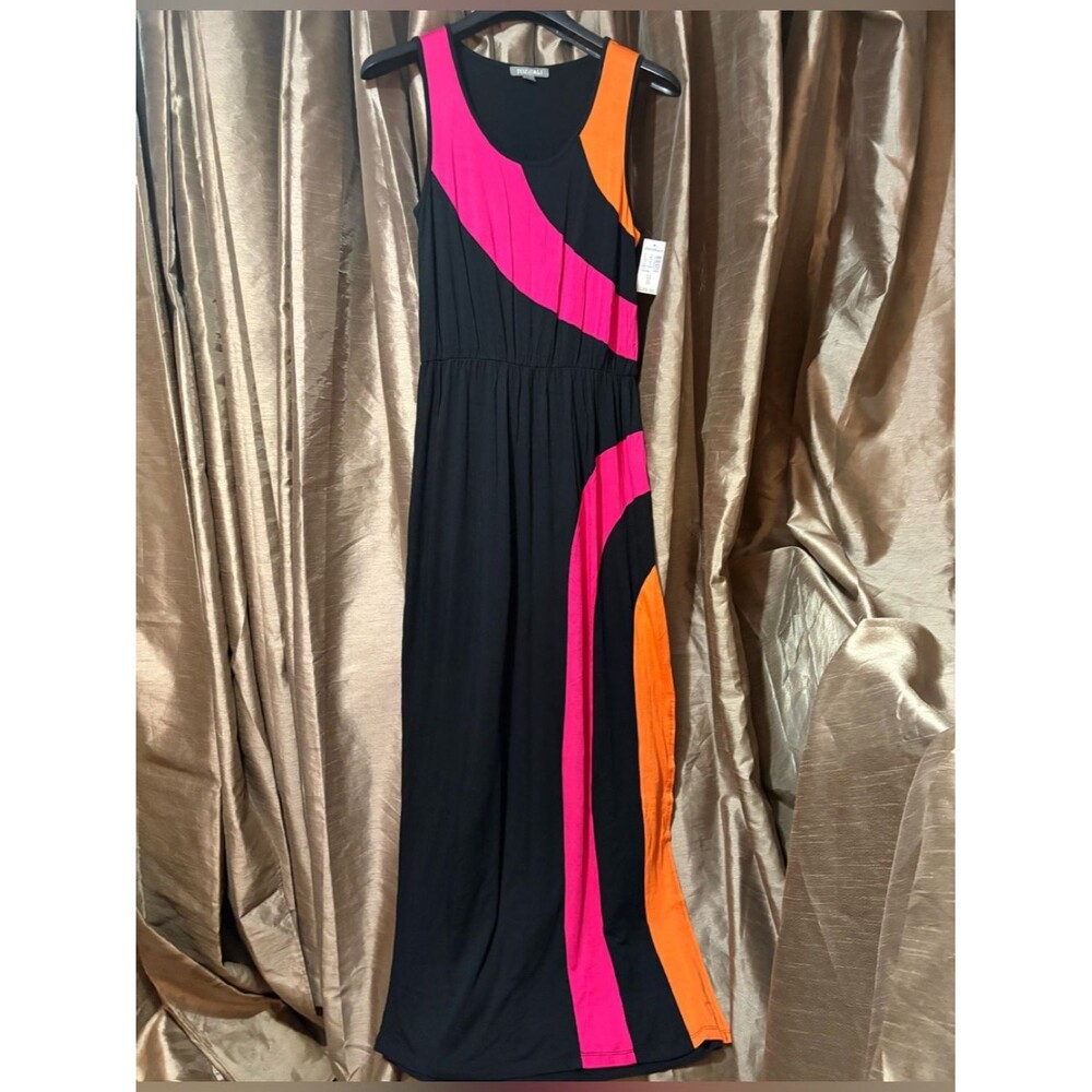 Roz & Ali Black Maxi Dress with Pink, Orange & Black 16↔️51↕️ slit 21↕️  #1774